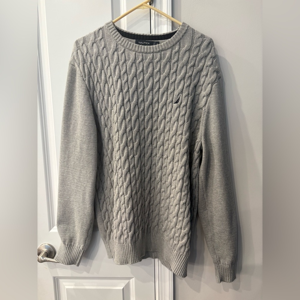 Nautica Light Gray Cable Knit Crewneck Sweater